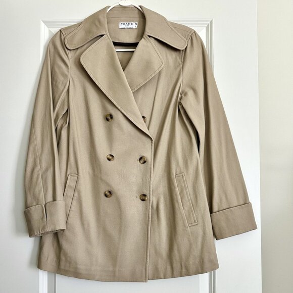 FRAME Cotton Double Breasted Short Trench Coat in Natural Size S - Picture 1 of 9